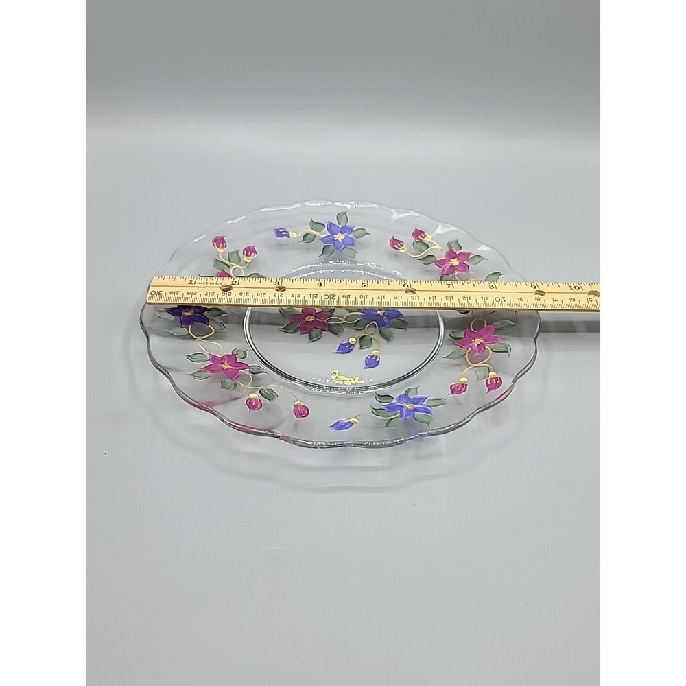 Art Glass Serving Dish Plate Signed Reverse Hand Painted Flowers Floral 9" - Picture 11 of 11